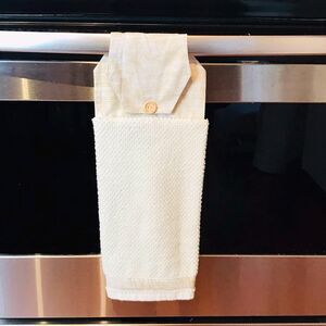 Hanging Kitchen Towel: Neutral We The People Topper, Button Closure